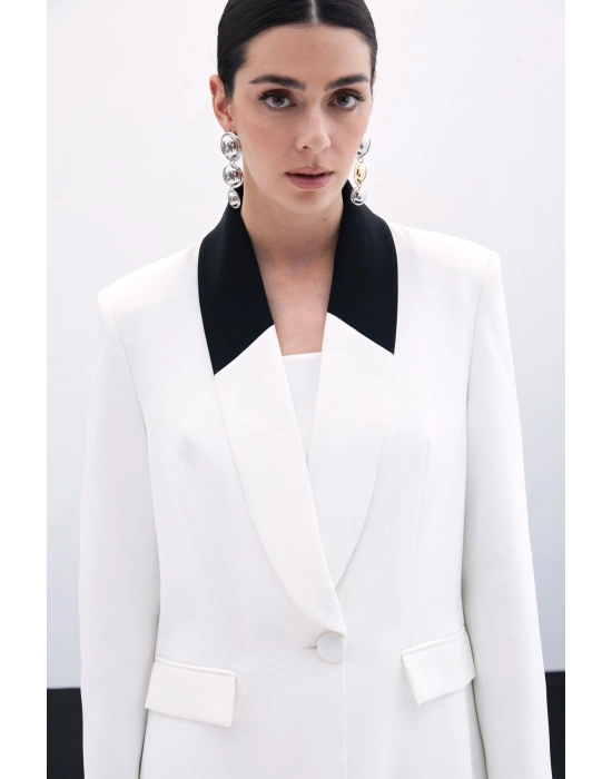 Kontrast Uzun Ceket - Ekru