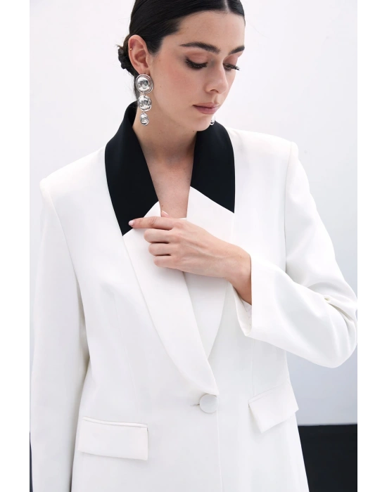 Kontrast Uzun Ceket - Ekru