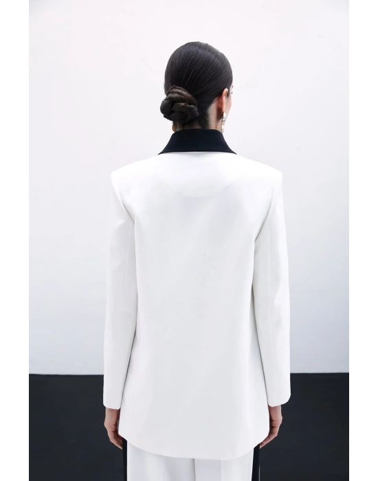 Kontrast Uzun Ceket - Ekru