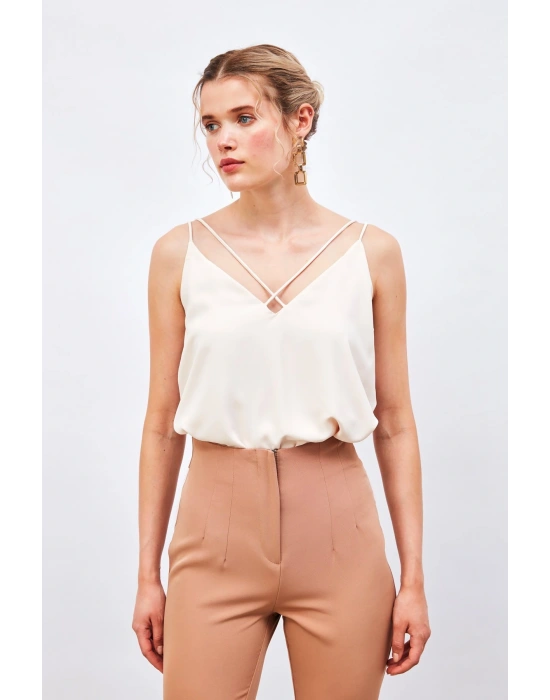Çapraz İp Askılı Bluz - Bej