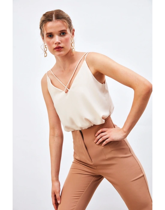 Çapraz İp Askılı Bluz - Bej