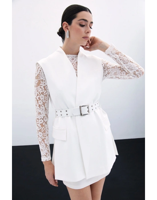 Kemerli Uzun Yelek - Ekru