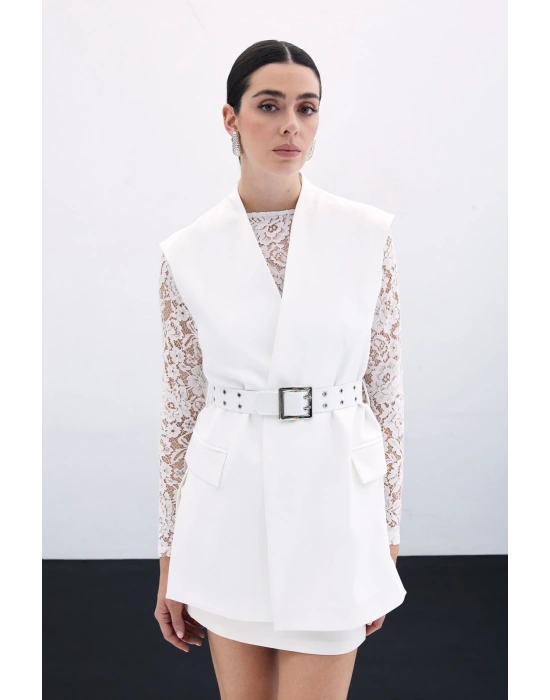 Kemerli Uzun Yelek - Ekru