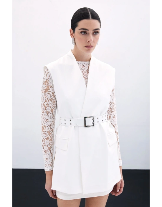 Kemerli Uzun Yelek - Ekru