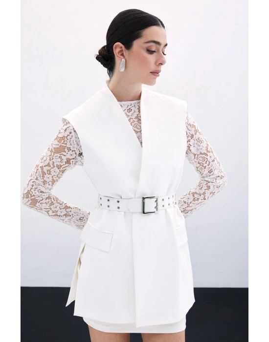 Kemerli Uzun Yelek - Ekru