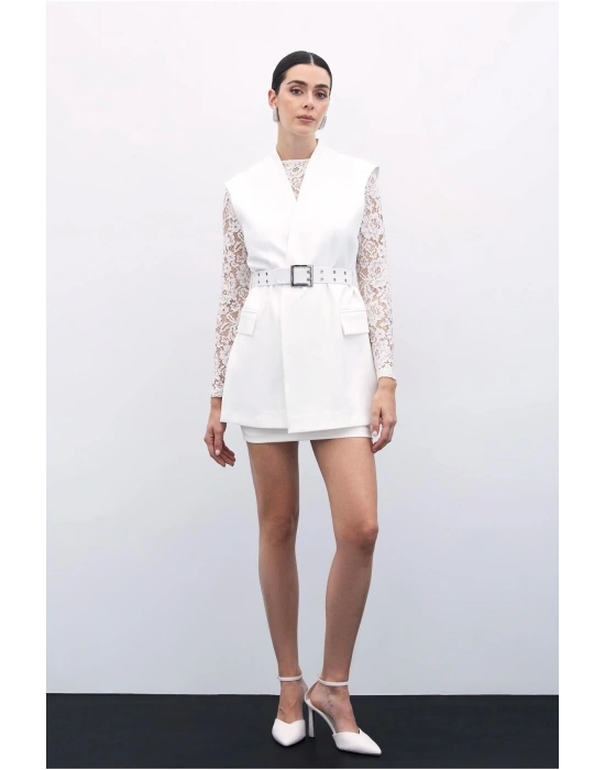 Kemerli Uzun Yelek - Ekru