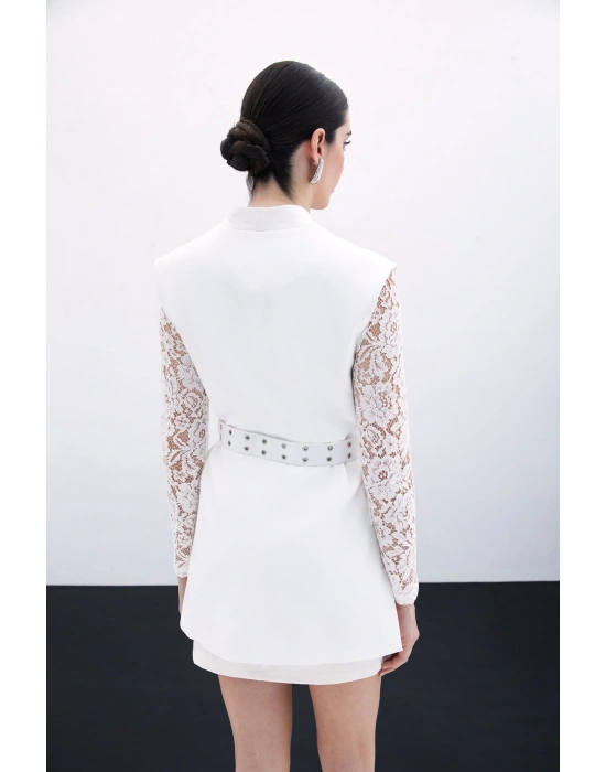 Kemerli Uzun Yelek - Ekru