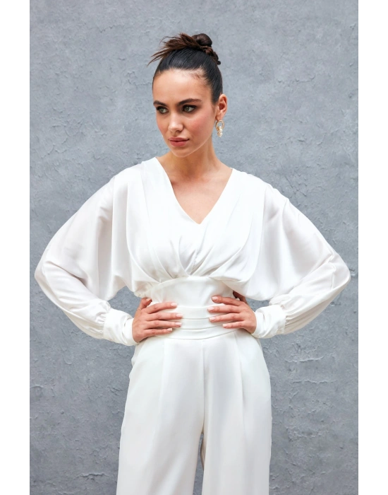 Geniş Kol Saten Bluz - Ekru