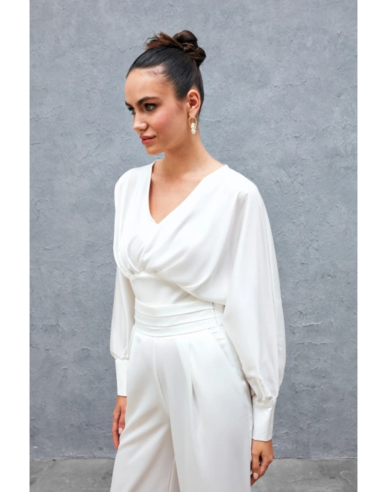 Geniş Kol Saten Bluz - Ekru