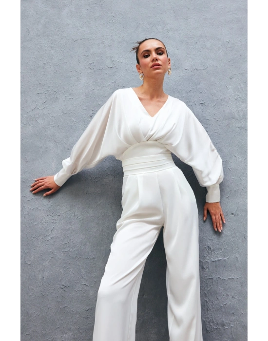 Geniş Kol Saten Bluz - Ekru