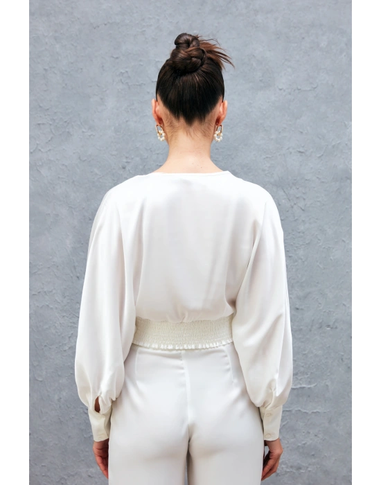 Geniş Kol Saten Bluz - Ekru