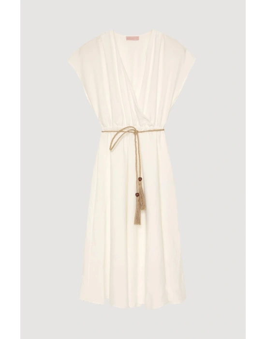 Kemer Detaylı Midiboy Elbise Ekru