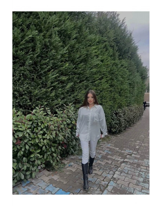 OVERSİZE CEP DETAYLI GÖMLEK BEYAZ-GÜMÜŞ