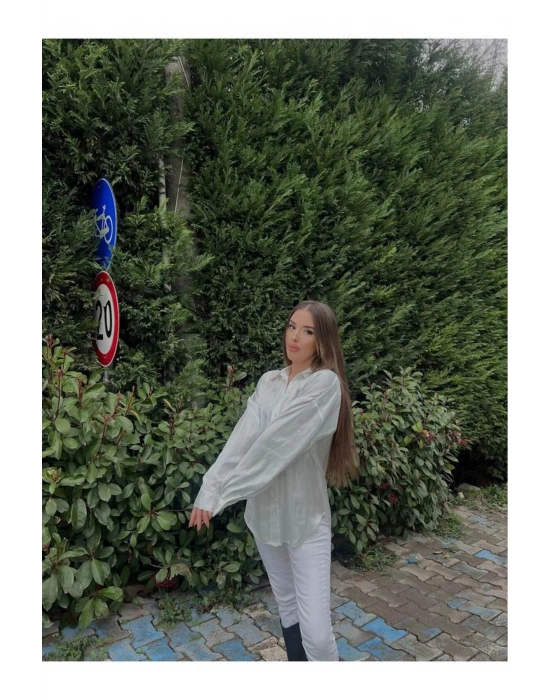OVERSİZE CEP DETAYLI GÖMLEK BEYAZ-GÜMÜŞ