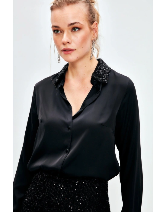 Payet Detaylı Saten Gömlek - Siyah