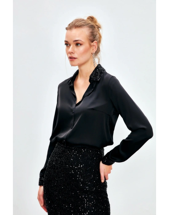 Payet Detaylı Saten Gömlek - Siyah