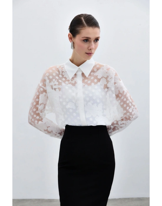 Kendinden Desenli Gömlek - Ekru