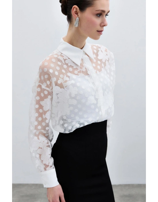 Kendinden Desenli Gömlek - Ekru