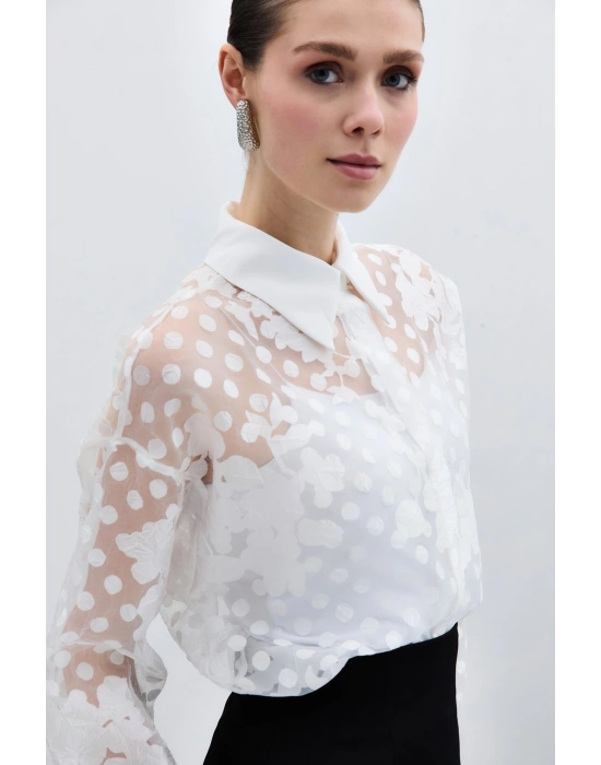 Kendinden Desenli Gömlek - Ekru