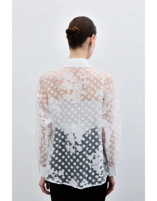 Kendinden Desenli Gömlek - Ekru