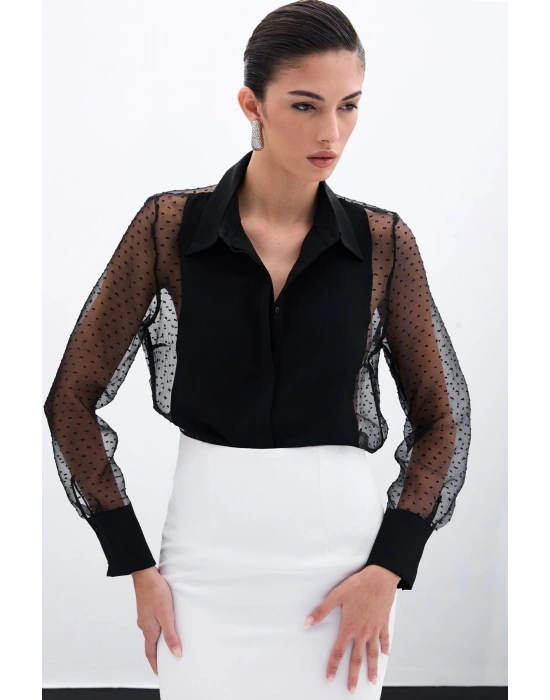 Organze Detaylı Gömlek - Siyah