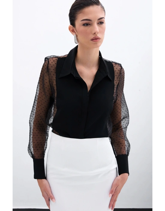 Organze Detaylı Gömlek - Siyah