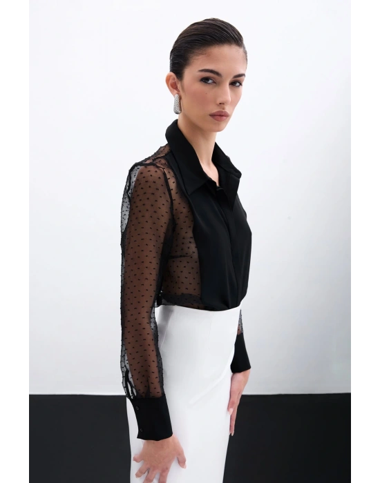 Organze Detaylı Gömlek - Siyah