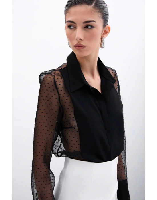 Organze Detaylı Gömlek - Siyah