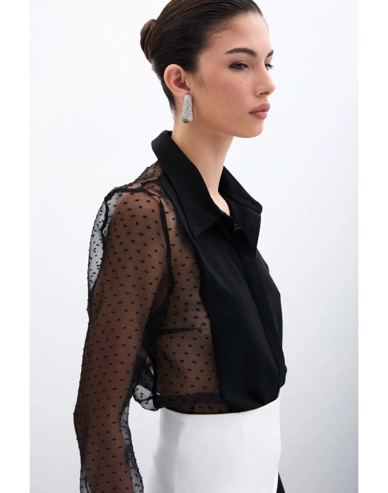 Organze Detaylı Gömlek - Siyah