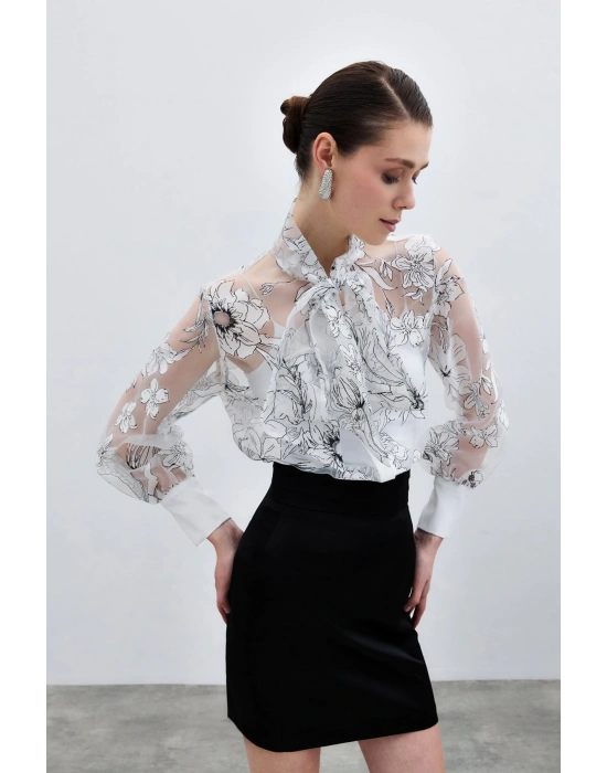 Çiçek Desenli Gömlek - Ekru