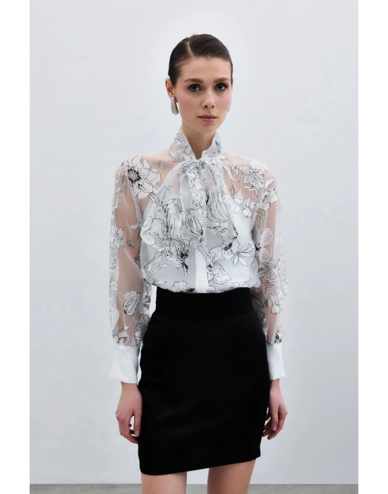 Çiçek Desenli Gömlek - Ekru