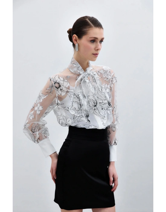 Çiçek Desenli Gömlek - Ekru