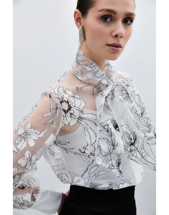 Çiçek Desenli Gömlek - Ekru