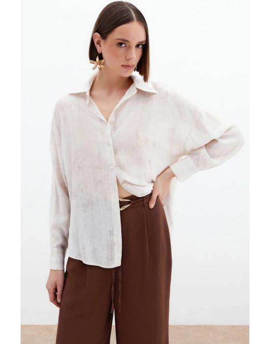 Desenli İnce Salaş Gömlek - Taş