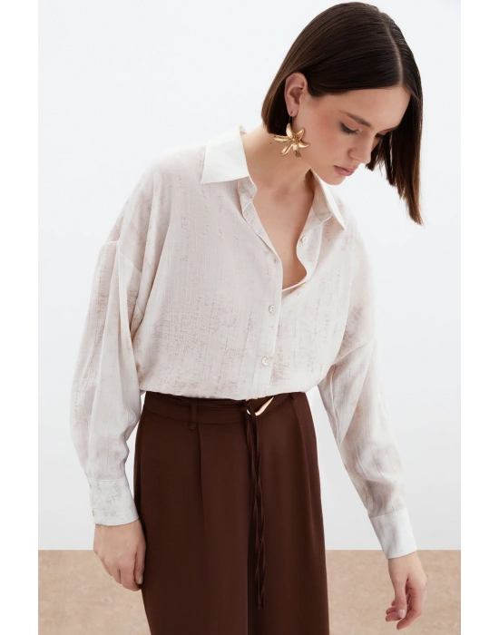 Desenli İnce Salaş Gömlek - Taş