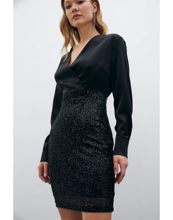 Payet Detaylı Saten Elbise - Siyah