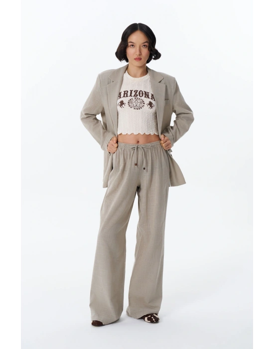 Bağcık Detaylı Beli Lastikli Bol Pantolon Bej