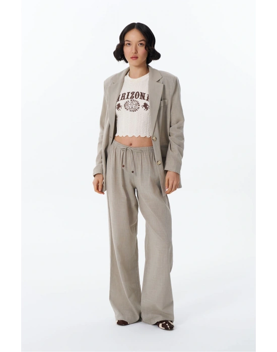 Bağcık Detaylı Beli Lastikli Bol Pantolon Bej