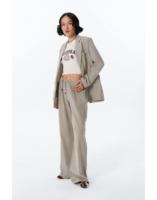 Bağcık Detaylı Beli Lastikli Bol Pantolon Bej