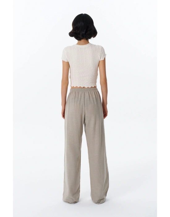 Bağcık Detaylı Beli Lastikli Bol Pantolon Bej