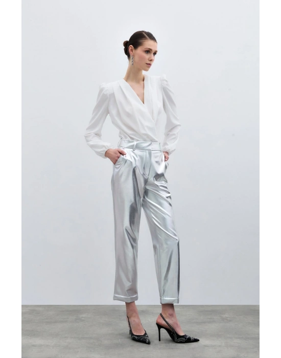 Yüksek Bel Parlak Pantolon - Gümüş