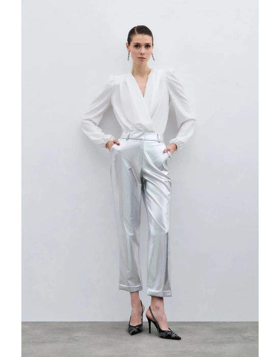 Yüksek Bel Parlak Pantolon - Gümüş