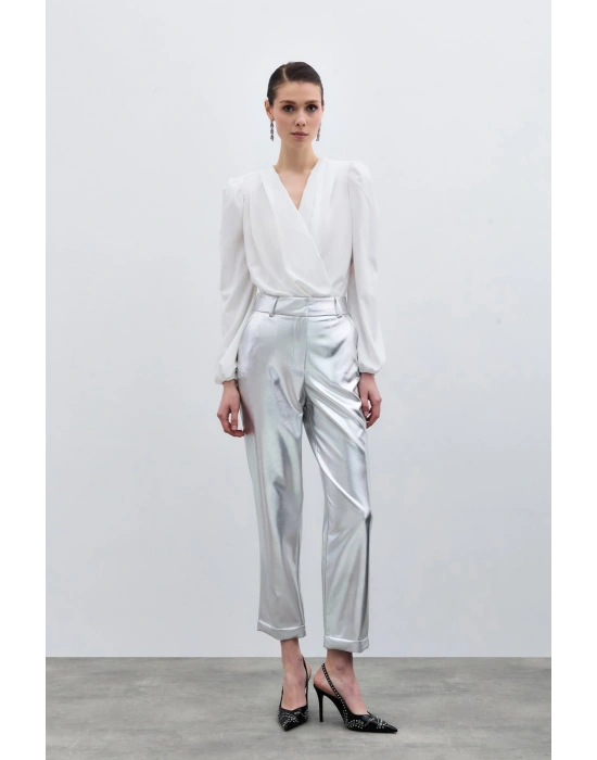 Yüksek Bel Parlak Pantolon - Gümüş