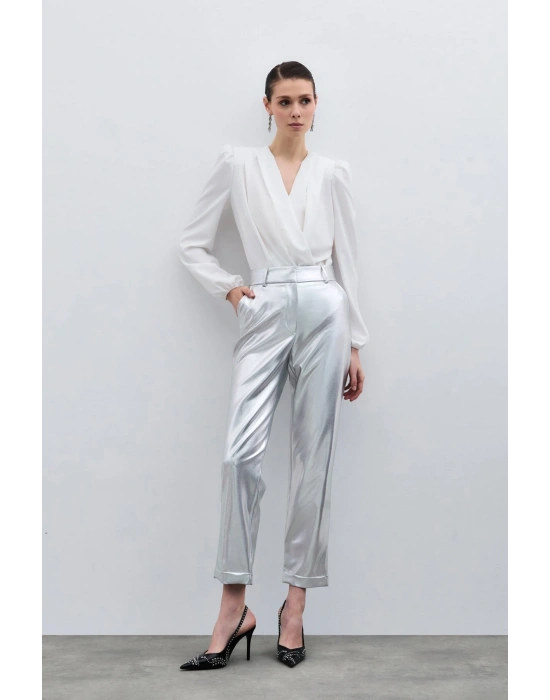 Yüksek Bel Parlak Pantolon - Gümüş