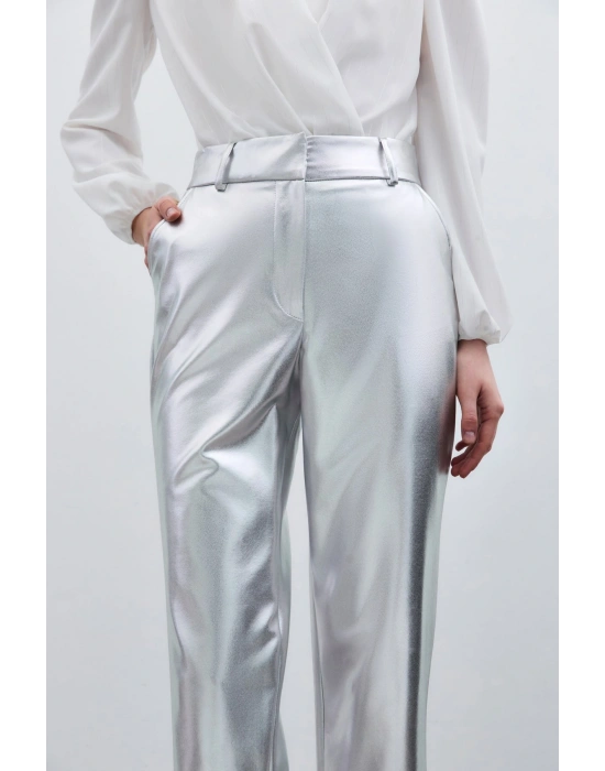 Yüksek Bel Parlak Pantolon - Gümüş