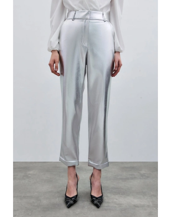 Yüksek Bel Parlak Pantolon - Gümüş