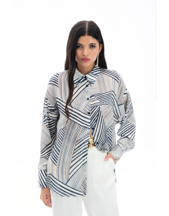 Çizgi Desenli Salaş Gömlek - Siyah