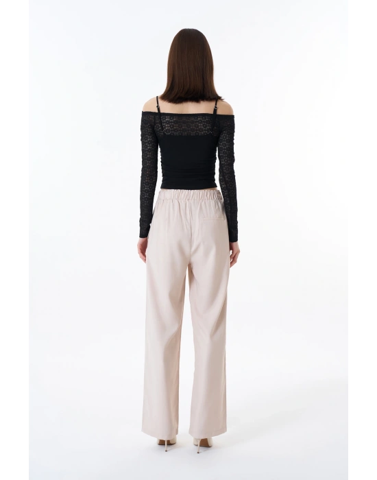 Düğme Bel Detaylı Palazzo Pantolon Taş