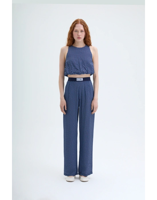 Bel Yazı Detaylı Puantiyeli Pantolon Lacivert
