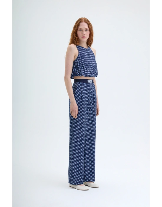 Bel Yazı Detaylı Puantiyeli Pantolon Lacivert